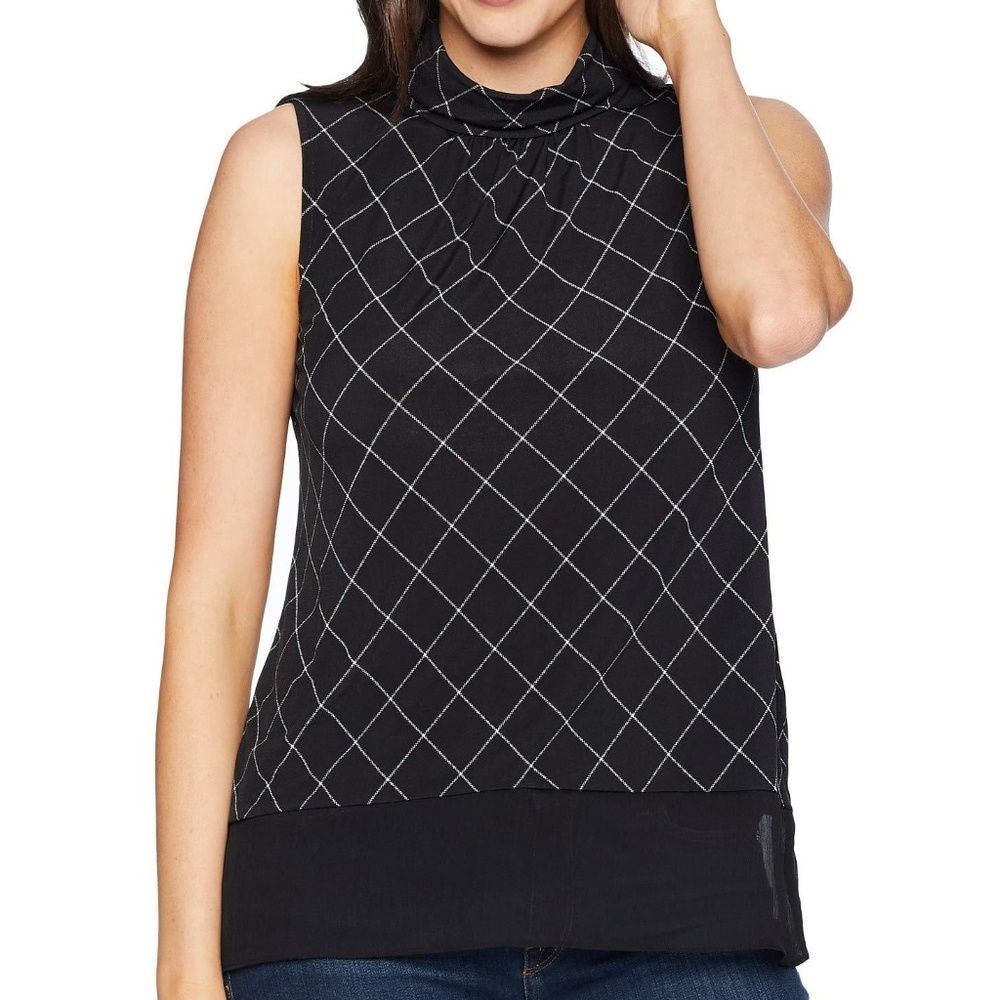 Ellen Tracy Black Synthetic Cutout Mock Neck Diamond Plaid Top